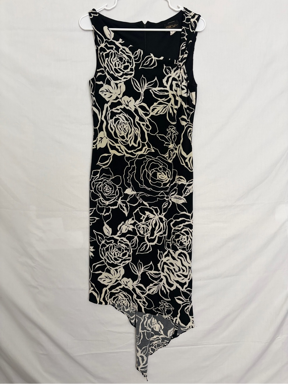 Mary L Couture Women Black Ivory Floral Asymmetric Hem Midi Dress Sz 10(A853)